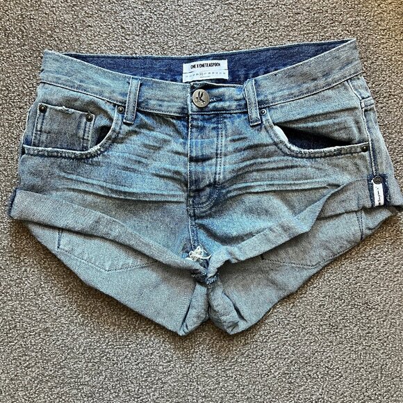 ONE X ONETEASPOON Distressed Cutoff DENIM SHORTS Micro Mini Jorts | Sz 26 - Picture 4 of 9
